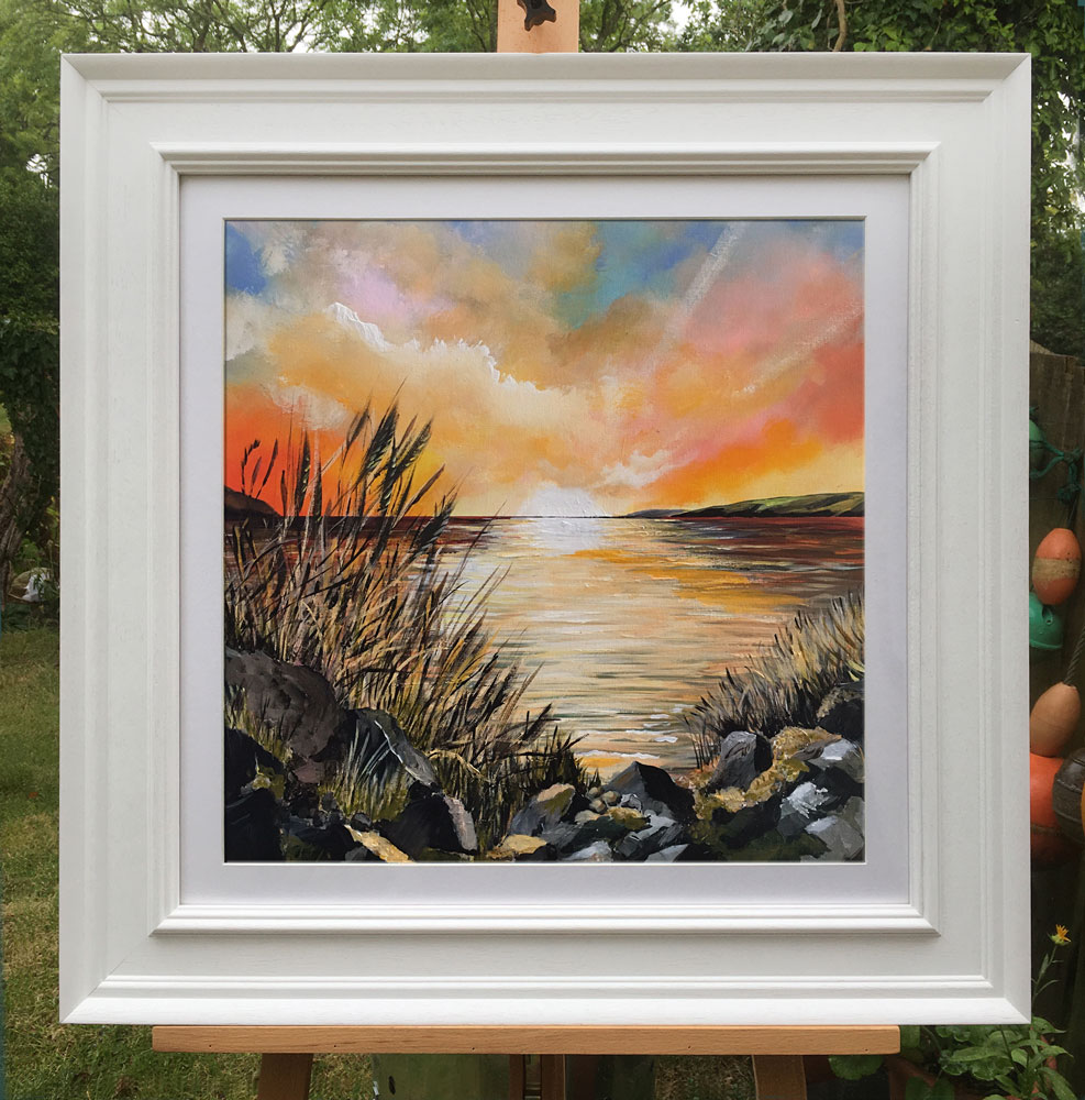 Original painting by Welsh-based artist Jill Jones FRSA depicting an autumn sunset