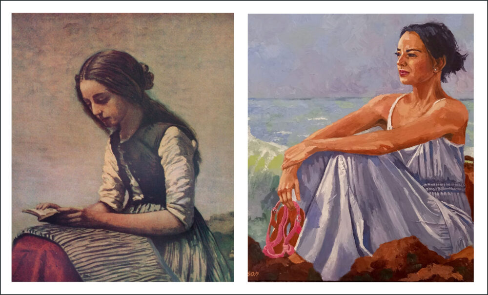 'Girl Reading' by Jean Baptiste Camille Corot (1850) alongside 'I will return one day' by Pete Mattinson (2024)
