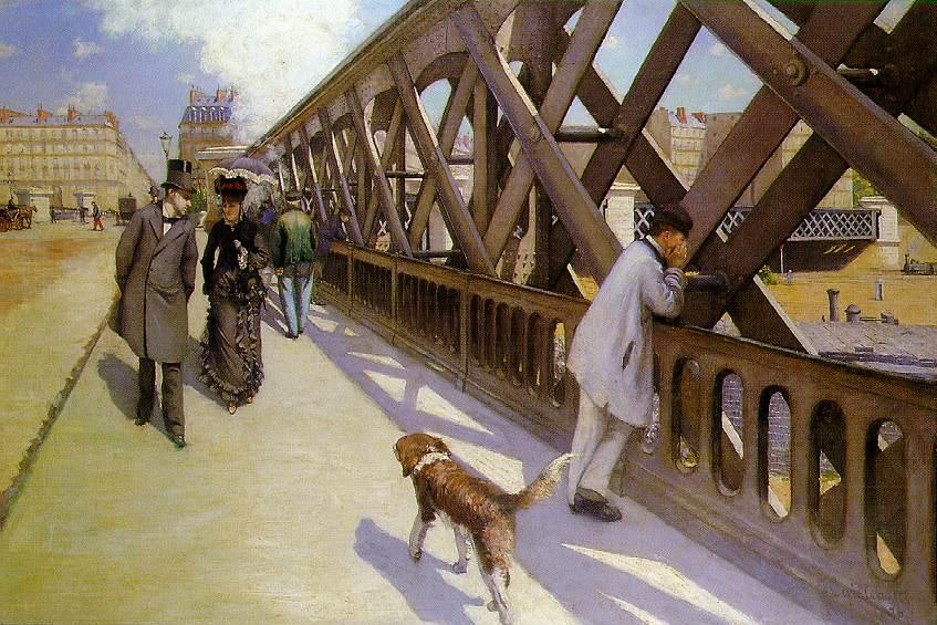 Image shows a couple walking along a bridge with a man looking the side to the river below as a dog trots past him.