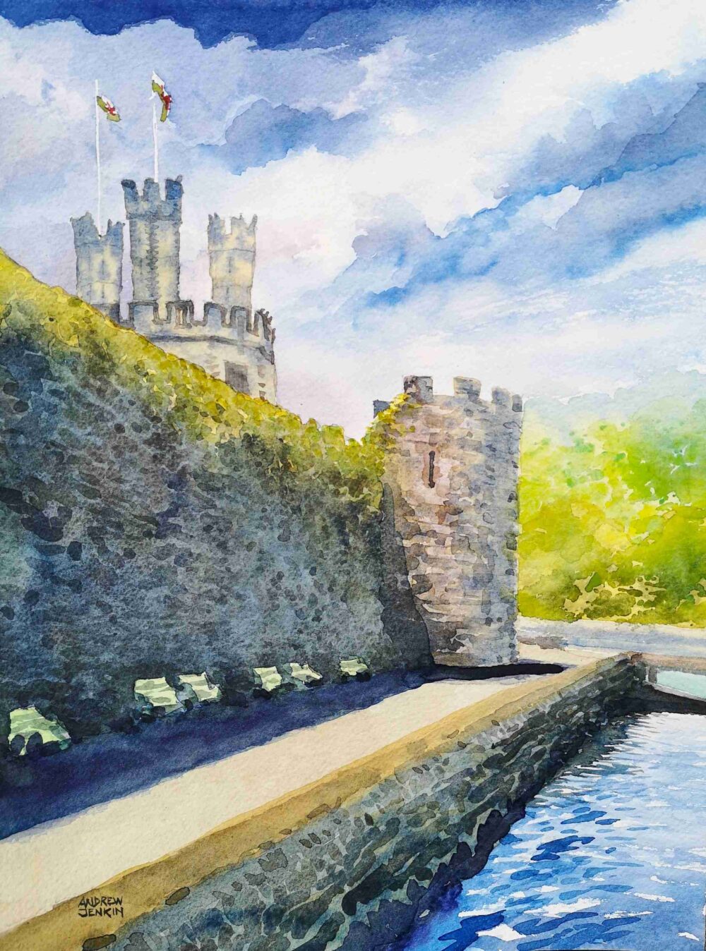 An ethereal watercolour painting of part of the castle that leads to the sea