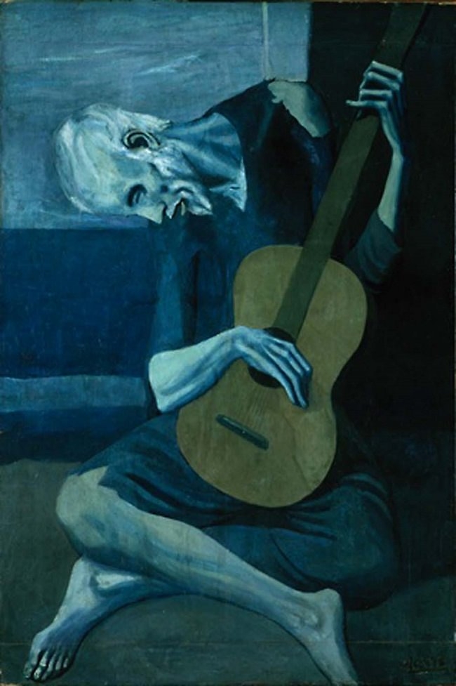 Guitar player painted during Picasso's blue period looking old and frail