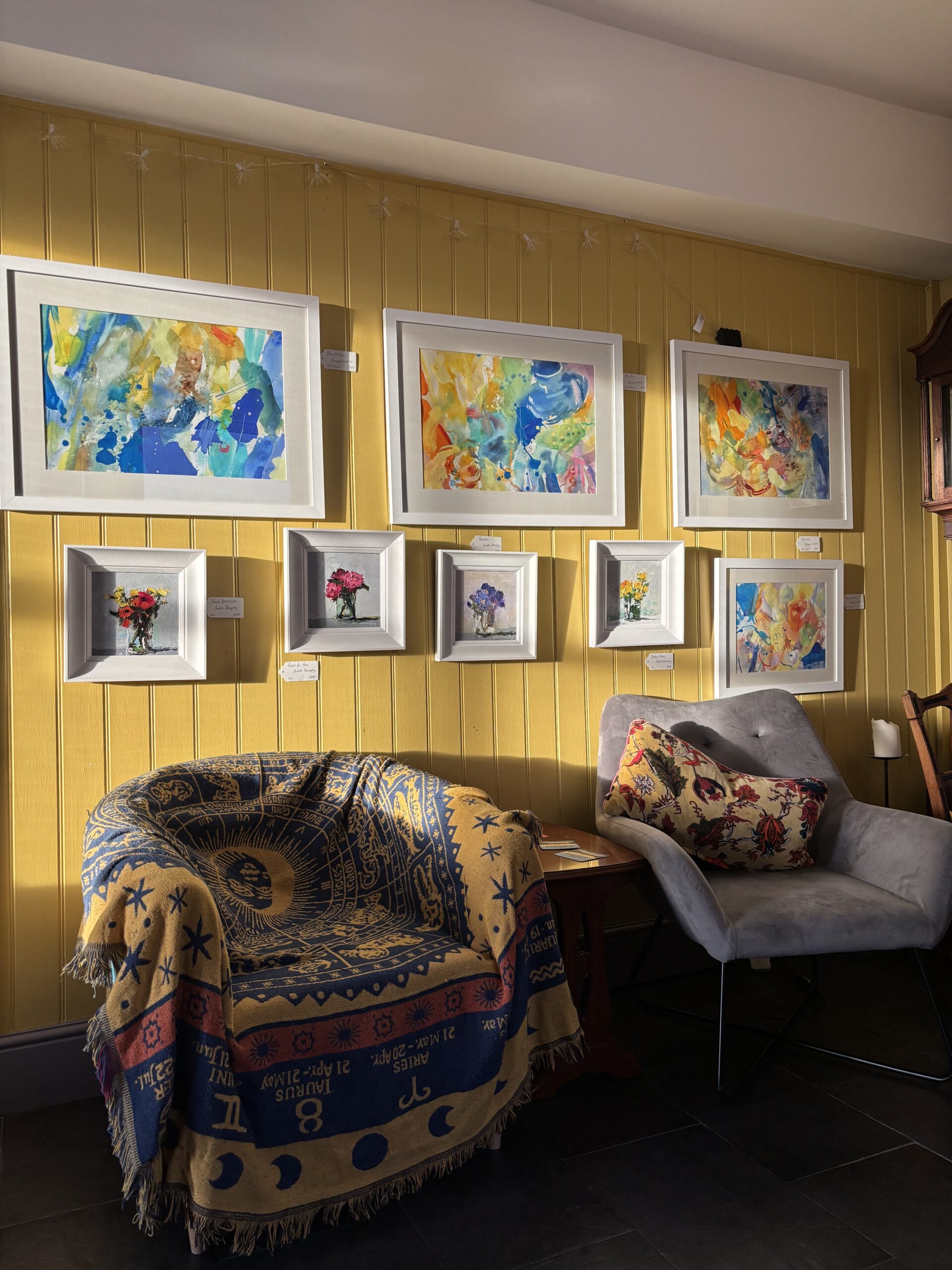 interior of the ground floor lounge space at Y Segontiwm full of original artwork