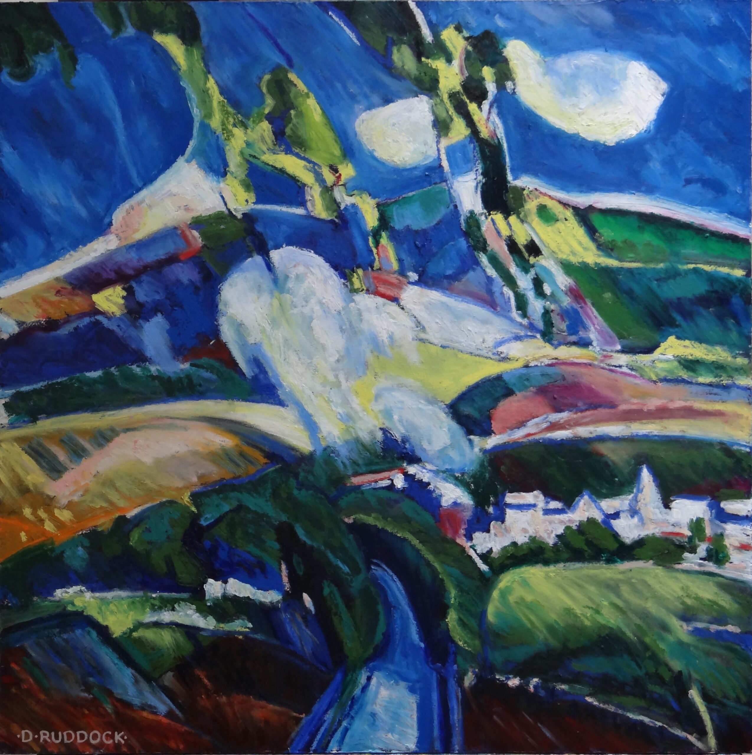 Fauvist style oil painting showing abstract highly coloured landscape after Scottish artist