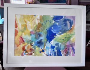 a watercolour painting of a blue jug and other table top items in an abstract style
