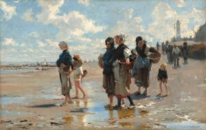 A painting of French fisher women off to gather oysters on a beach in Brittany