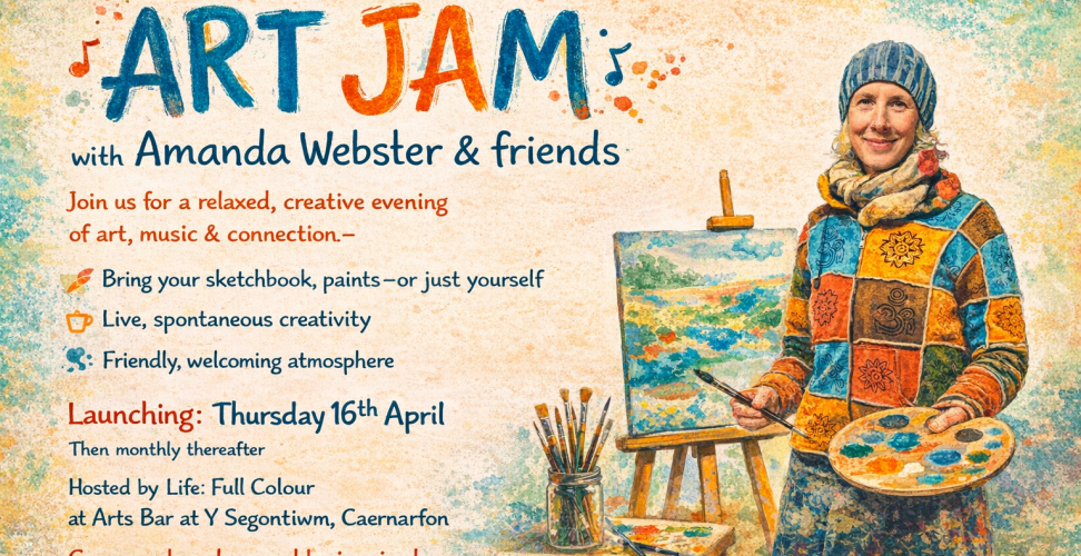 a poster to launch a new activity called "Art Jam" led by artist Amanda Webster featured in the poster.