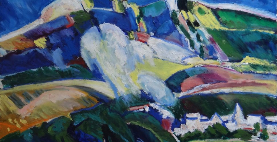 Fauvist style oil painting showing abstract highly coloured landscape after Scottish artist