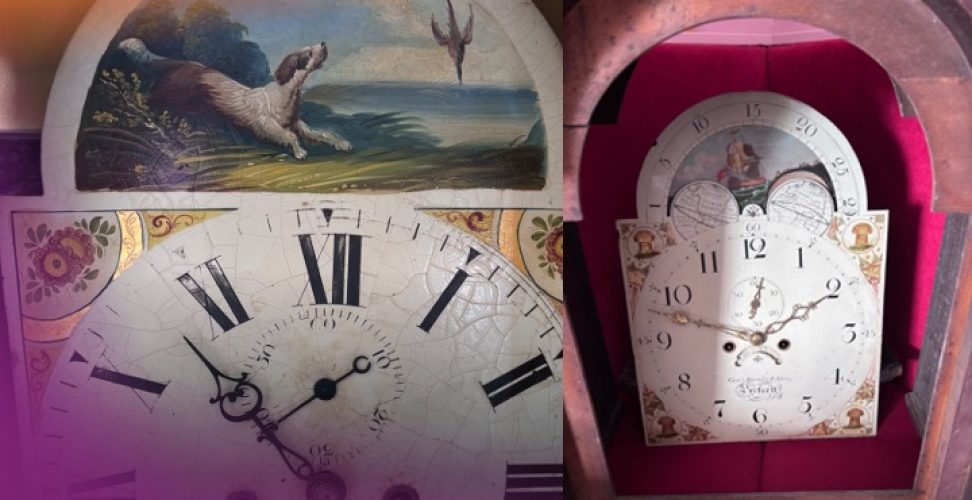 Longcase clock faces intricately hand painted