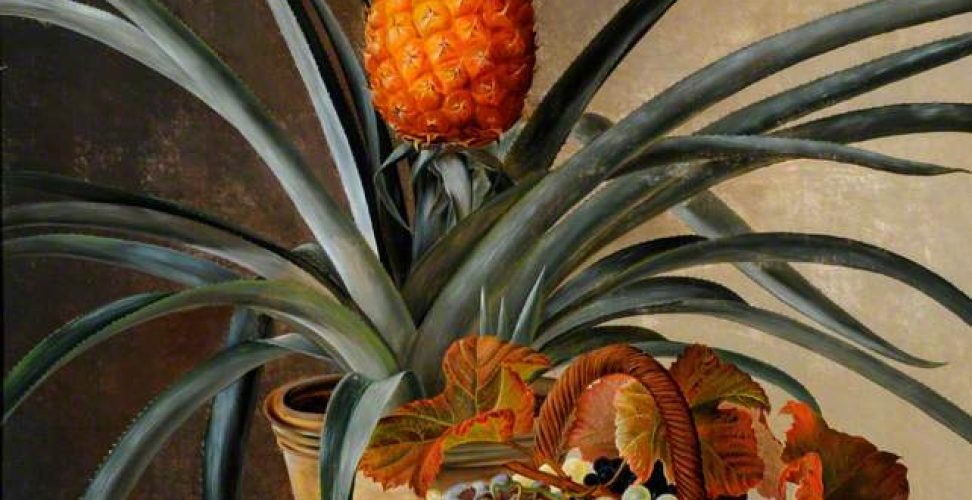 a painting of a pineapple, peaches and grapes in a basket